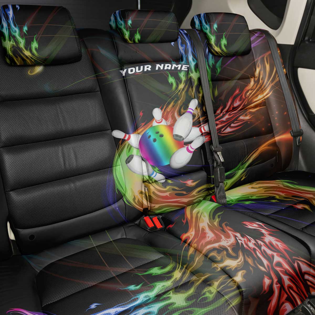 Custom Bowling Quarter Rainbow fFame Bowling Ball Back Car Seat Cover with Colorful Flaming Strike Design Rainbow Ball - Wonder Print Shop