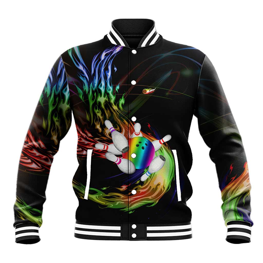Custom Bowling Quarter Rainbow fFame Bowling Ball Baseball Jacket with Colorful Flaming Strike Design Rainbow Ball - Wonder Print Shop