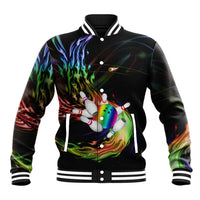 Custom Bowling Quarter Rainbow fFame Bowling Ball Baseball Jacket with Colorful Flaming Strike Design Rainbow Ball - Wonder Print Shop