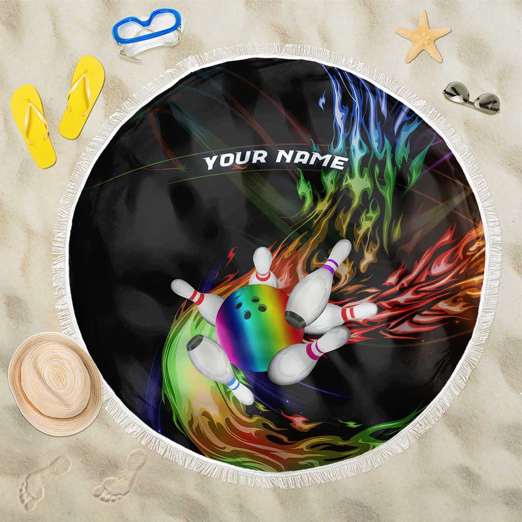 Custom Bowling Quarter Rainbow fFame Bowling Ball Beach Blanket with Colorful Flaming Strike Design Rainbow Ball - Wonder Print Shop