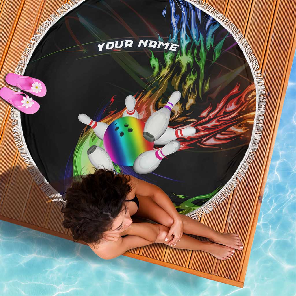 Custom Bowling Quarter Rainbow fFame Bowling Ball Beach Blanket with Colorful Flaming Strike Design Rainbow Ball - Wonder Print Shop