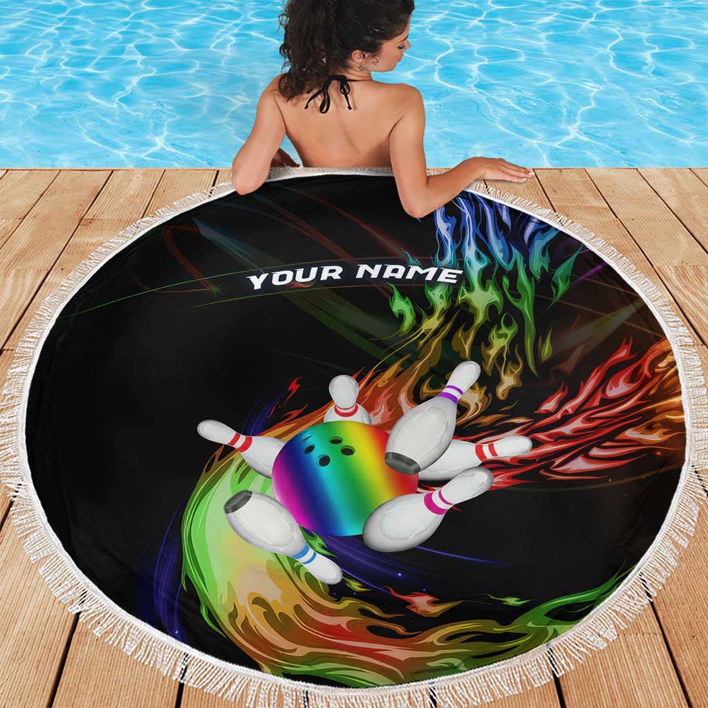 Custom Bowling Quarter Rainbow fFame Bowling Ball Beach Blanket with Colorful Flaming Strike Design Rainbow Ball - Wonder Print Shop