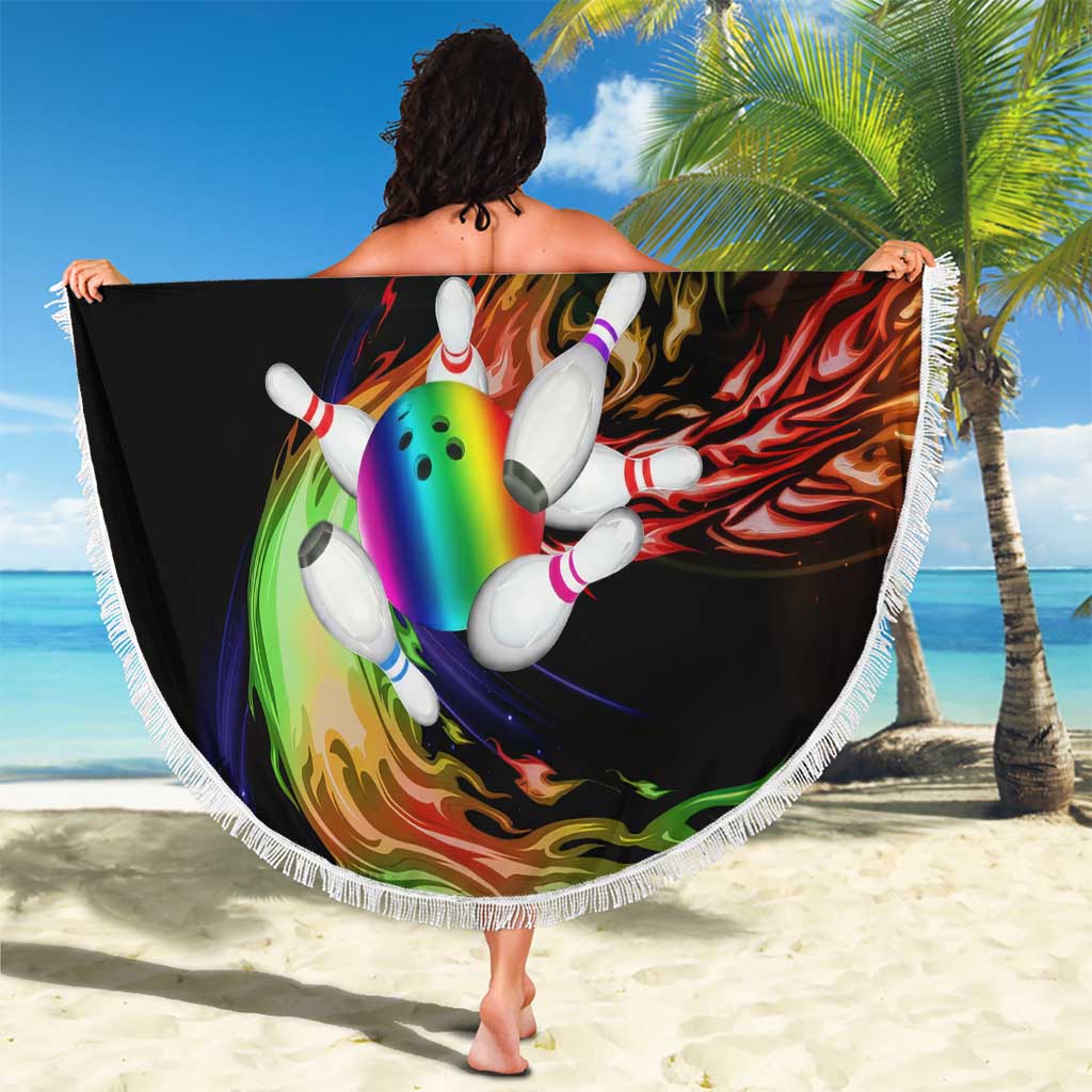 Custom Bowling Quarter Rainbow fFame Bowling Ball Beach Blanket with Colorful Flaming Strike Design Rainbow Ball - Wonder Print Shop