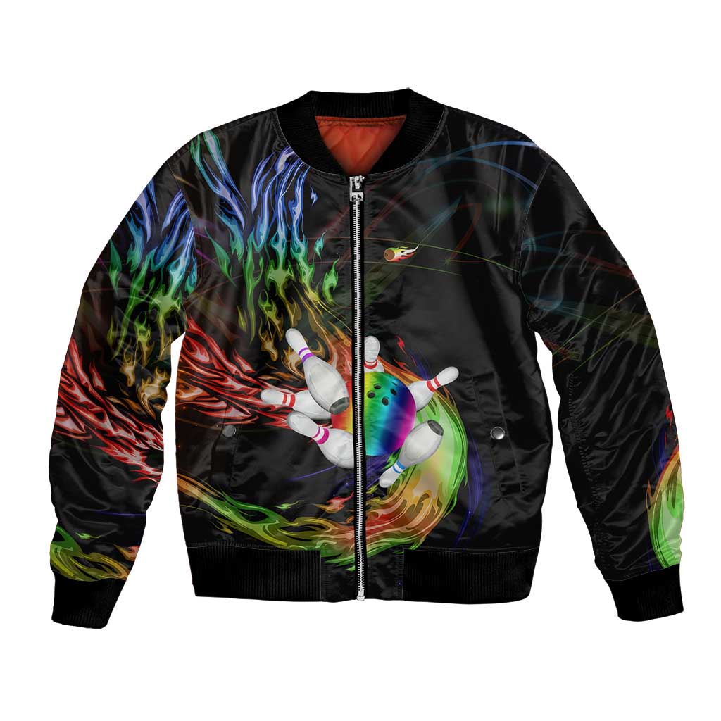 Custom Bowling Quarter Rainbow fFame Bowling Ball Bomber Jacket with Colorful Flaming Strike Design Rainbow Ball - Wonder Print Shop