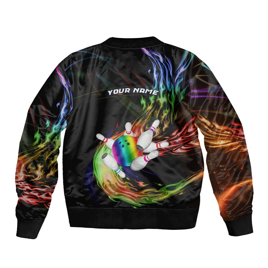 Custom Bowling Quarter Rainbow fFame Bowling Ball Bomber Jacket with Colorful Flaming Strike Design Rainbow Ball - Wonder Print Shop