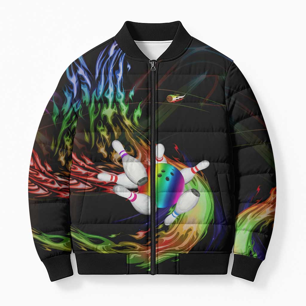 Custom Bowling Quarter Rainbow fFame Bowling Ball Bomber Puffer Jacket with Colorful Flaming Strike Design Rainbow Ball - Wonder Print Shop