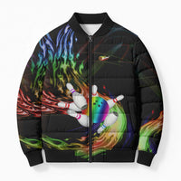 Custom Bowling Quarter Rainbow fFame Bowling Ball Bomber Puffer Jacket with Colorful Flaming Strike Design Rainbow Ball - Wonder Print Shop