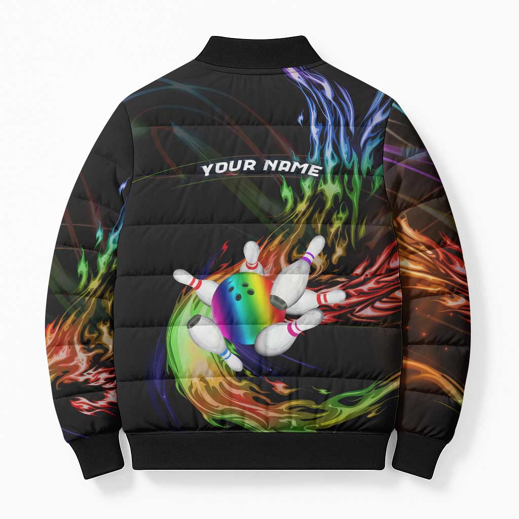 Custom Bowling Quarter Rainbow fFame Bowling Ball Bomber Puffer Jacket with Colorful Flaming Strike Design Rainbow Ball - Wonder Print Shop