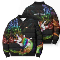 Custom Bowling Quarter Rainbow fFame Bowling Ball Bomber Puffer Jacket with Colorful Flaming Strike Design Rainbow Ball - Wonder Print Shop