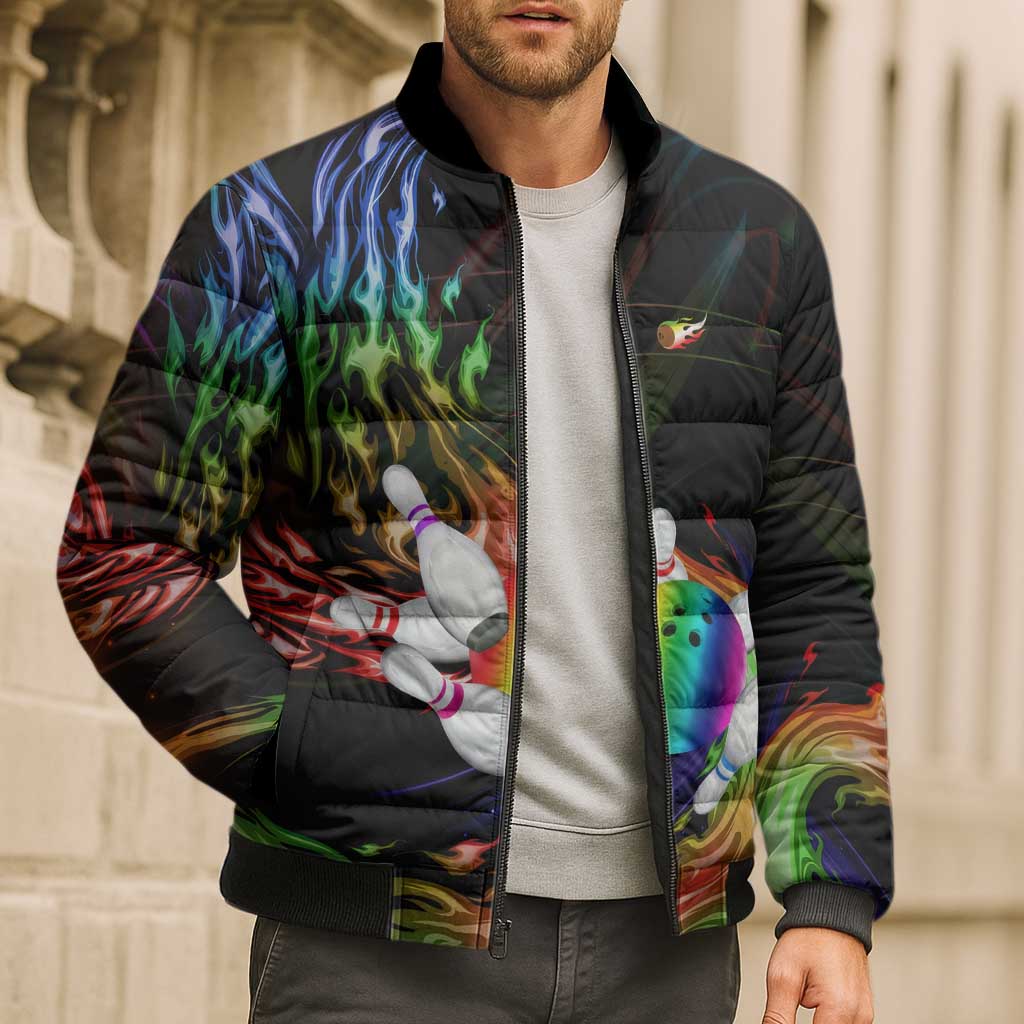 Custom Bowling Quarter Rainbow fFame Bowling Ball Bomber Puffer Jacket with Colorful Flaming Strike Design Rainbow Ball - Wonder Print Shop