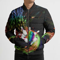 Custom Bowling Quarter Rainbow fFame Bowling Ball Bomber Puffer Jacket with Colorful Flaming Strike Design Rainbow Ball - Wonder Print Shop