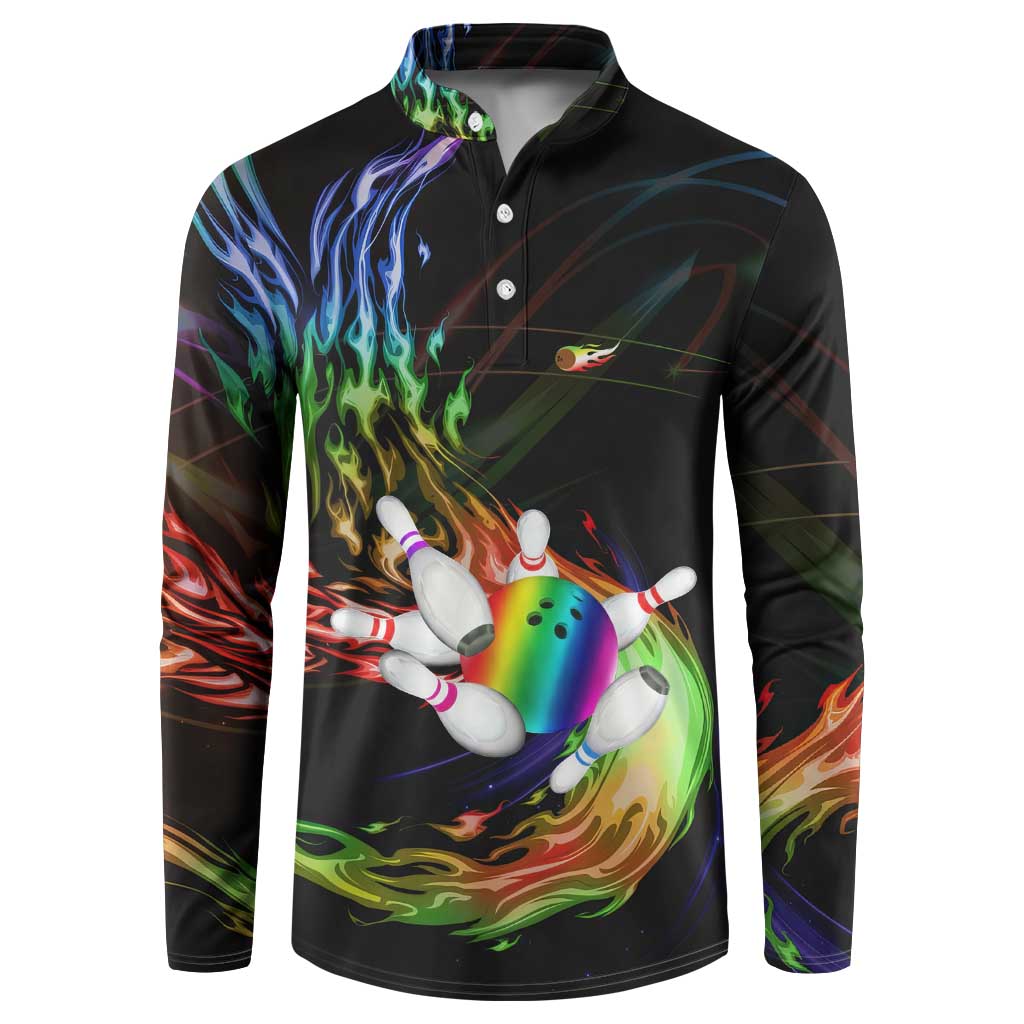 Custom Bowling Quarter Rainbow fFame Bowling Ball Button Sweatshirt with Colorful Flaming Strike Design Rainbow Ball - Wonder Print Shop