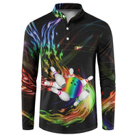 Custom Bowling Quarter Rainbow fFame Bowling Ball Button Sweatshirt with Colorful Flaming Strike Design Rainbow Ball - Wonder Print Shop
