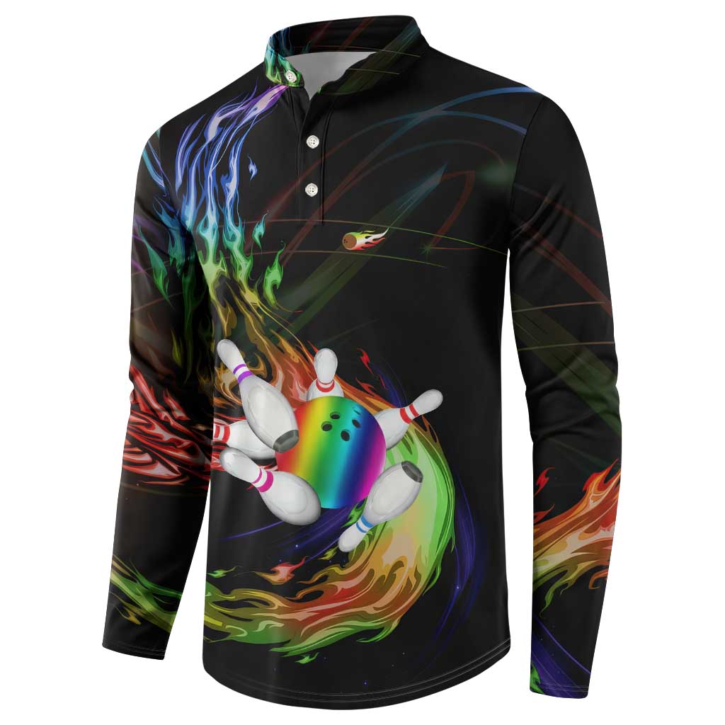 Custom Bowling Quarter Rainbow fFame Bowling Ball Button Sweatshirt with Colorful Flaming Strike Design Rainbow Ball - Wonder Print Shop