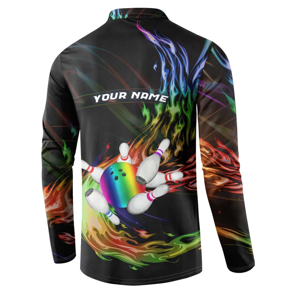 Custom Bowling Quarter Rainbow fFame Bowling Ball Button Sweatshirt with Colorful Flaming Strike Design Rainbow Ball - Wonder Print Shop