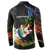 Custom Bowling Quarter Rainbow fFame Bowling Ball Button Sweatshirt with Colorful Flaming Strike Design Rainbow Ball - Wonder Print Shop