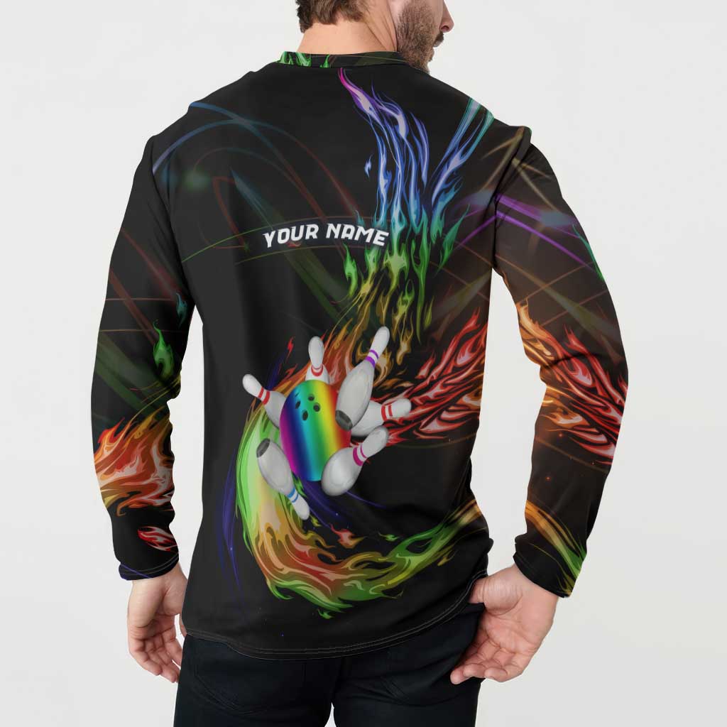 Custom Bowling Quarter Rainbow fFame Bowling Ball Button Sweatshirt with Colorful Flaming Strike Design Rainbow Ball - Wonder Print Shop