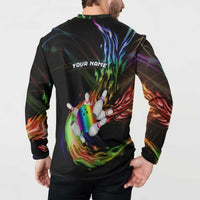 Custom Bowling Quarter Rainbow fFame Bowling Ball Button Sweatshirt with Colorful Flaming Strike Design Rainbow Ball - Wonder Print Shop