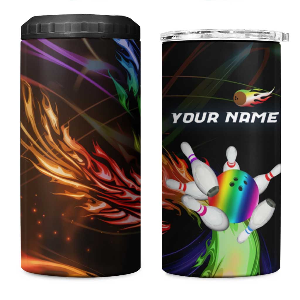 Custom Bowling Quarter Rainbow fFame Bowling Ball 4 in 1 Can Cooler Tumbler with Colorful Flaming Strike Design Rainbow Ball - Wonder Print Shop
