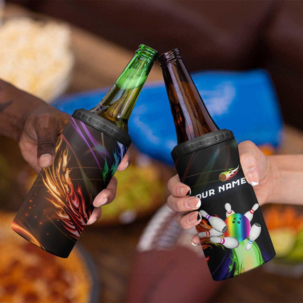 Custom Bowling Quarter Rainbow fFame Bowling Ball 4 in 1 Can Cooler Tumbler with Colorful Flaming Strike Design Rainbow Ball - Wonder Print Shop