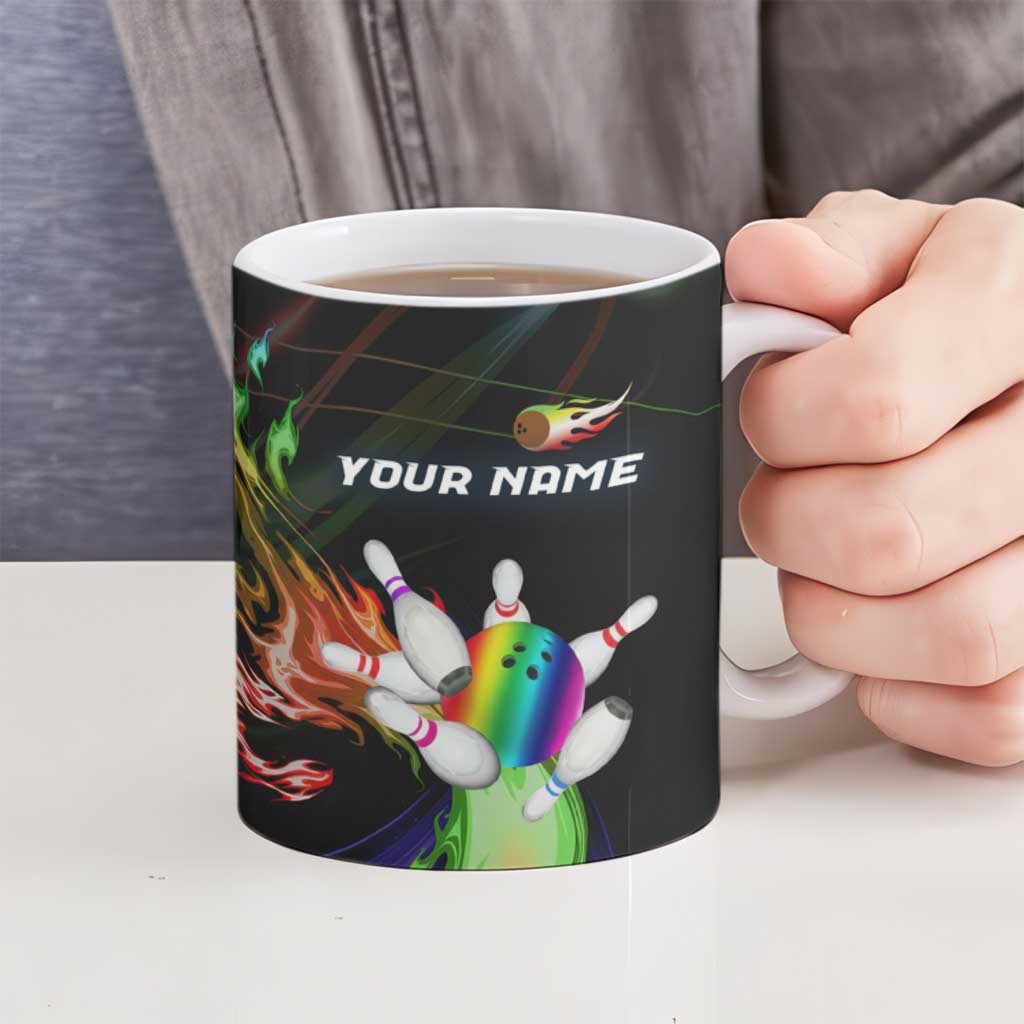 Custom Bowling Quarter Rainbow fFame Bowling Ball Ceramic Mug with Colorful Flaming Strike Design Rainbow Ball - Wonder Print Shop