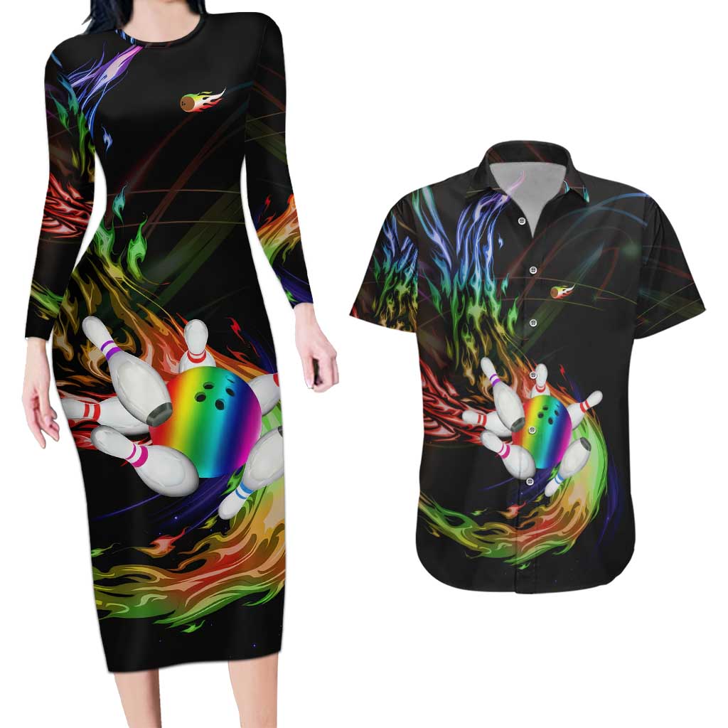 Custom Bowling Quarter Rainbow fFame Bowling Ball Couples Matching Long Sleeve Bodycon Dress and Hawaiian Shirt with Colorful Flaming Strike Design Rainbow Ball - Wonder Print Shop