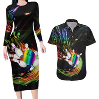 Custom Bowling Quarter Rainbow fFame Bowling Ball Couples Matching Long Sleeve Bodycon Dress and Hawaiian Shirt with Colorful Flaming Strike Design Rainbow Ball - Wonder Print Shop