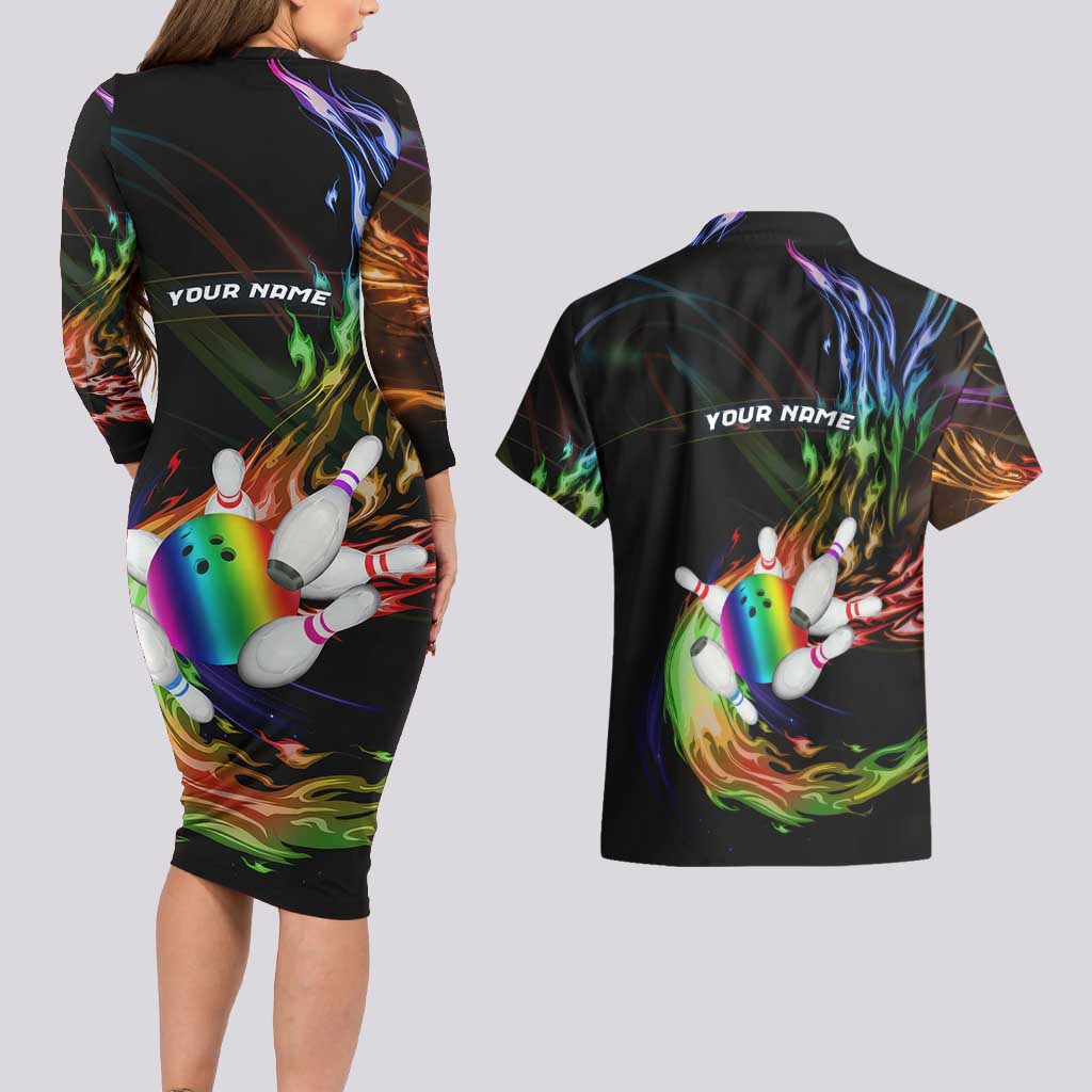 Custom Bowling Quarter Rainbow fFame Bowling Ball Couples Matching Long Sleeve Bodycon Dress and Hawaiian Shirt with Colorful Flaming Strike Design Rainbow Ball - Wonder Print Shop