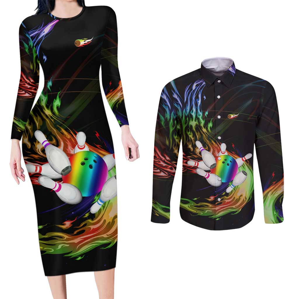 Custom Bowling Quarter Rainbow fFame Bowling Ball Couples Matching Long Sleeve Bodycon Dress and Long Sleeve Button Shirt with Colorful Flaming Strike Design Rainbow Ball - Wonder Print Shop