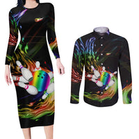Custom Bowling Quarter Rainbow fFame Bowling Ball Couples Matching Long Sleeve Bodycon Dress and Long Sleeve Button Shirt with Colorful Flaming Strike Design Rainbow Ball - Wonder Print Shop