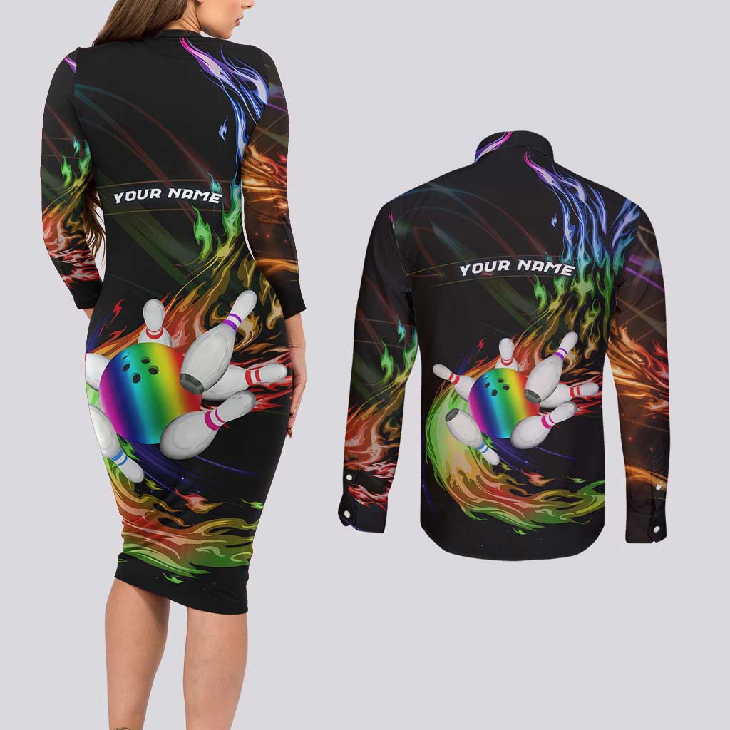 Custom Bowling Quarter Rainbow fFame Bowling Ball Couples Matching Long Sleeve Bodycon Dress and Long Sleeve Button Shirt with Colorful Flaming Strike Design Rainbow Ball - Wonder Print Shop