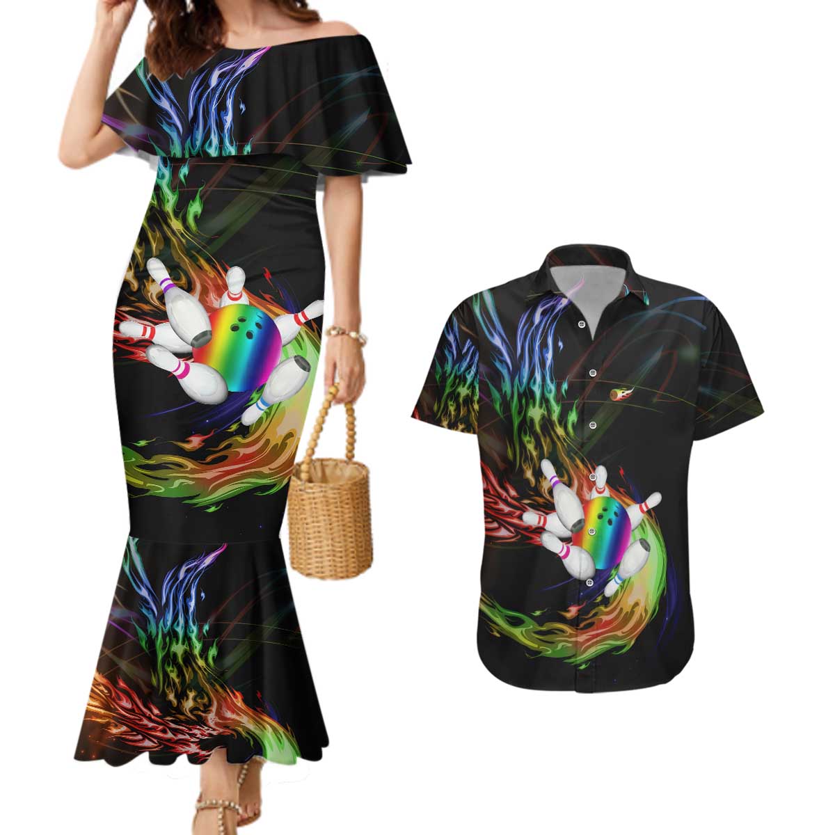 Custom Bowling Quarter Rainbow fFame Bowling Ball Couples Matching Mermaid Dress and Hawaiian Shirt with Colorful Flaming Strike Design Rainbow Ball - Wonder Print Shop