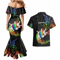 Custom Bowling Quarter Rainbow fFame Bowling Ball Couples Matching Mermaid Dress and Hawaiian Shirt with Colorful Flaming Strike Design Rainbow Ball - Wonder Print Shop