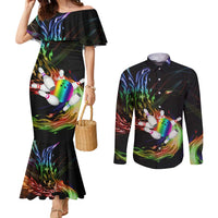 Custom Bowling Quarter Rainbow fFame Bowling Ball Couples Matching Mermaid Dress and Long Sleeve Button Shirt with Colorful Flaming Strike Design Rainbow Ball - Wonder Print Shop