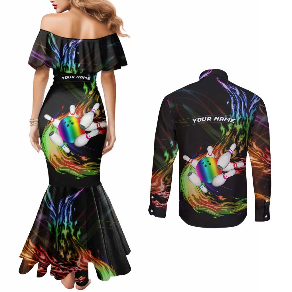 Custom Bowling Quarter Rainbow fFame Bowling Ball Couples Matching Mermaid Dress and Long Sleeve Button Shirt with Colorful Flaming Strike Design Rainbow Ball - Wonder Print Shop
