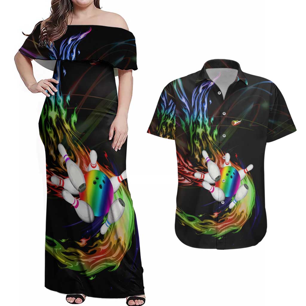 Custom Bowling Quarter Rainbow fFame Bowling Ball Couples Matching Off Shoulder Maxi Dress and Hawaiian Shirt with Colorful Flaming Strike Design Rainbow Ball - Wonder Print Shop
