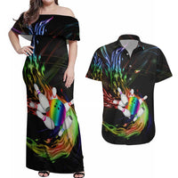 Custom Bowling Quarter Rainbow fFame Bowling Ball Couples Matching Off Shoulder Maxi Dress and Hawaiian Shirt with Colorful Flaming Strike Design Rainbow Ball - Wonder Print Shop