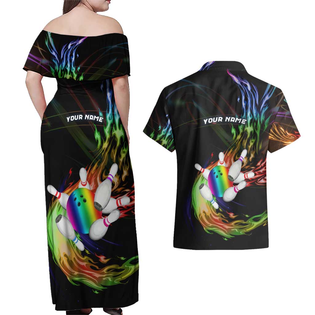Custom Bowling Quarter Rainbow fFame Bowling Ball Couples Matching Off Shoulder Maxi Dress and Hawaiian Shirt with Colorful Flaming Strike Design Rainbow Ball - Wonder Print Shop