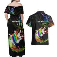 Custom Bowling Quarter Rainbow fFame Bowling Ball Couples Matching Off Shoulder Maxi Dress and Hawaiian Shirt with Colorful Flaming Strike Design Rainbow Ball - Wonder Print Shop