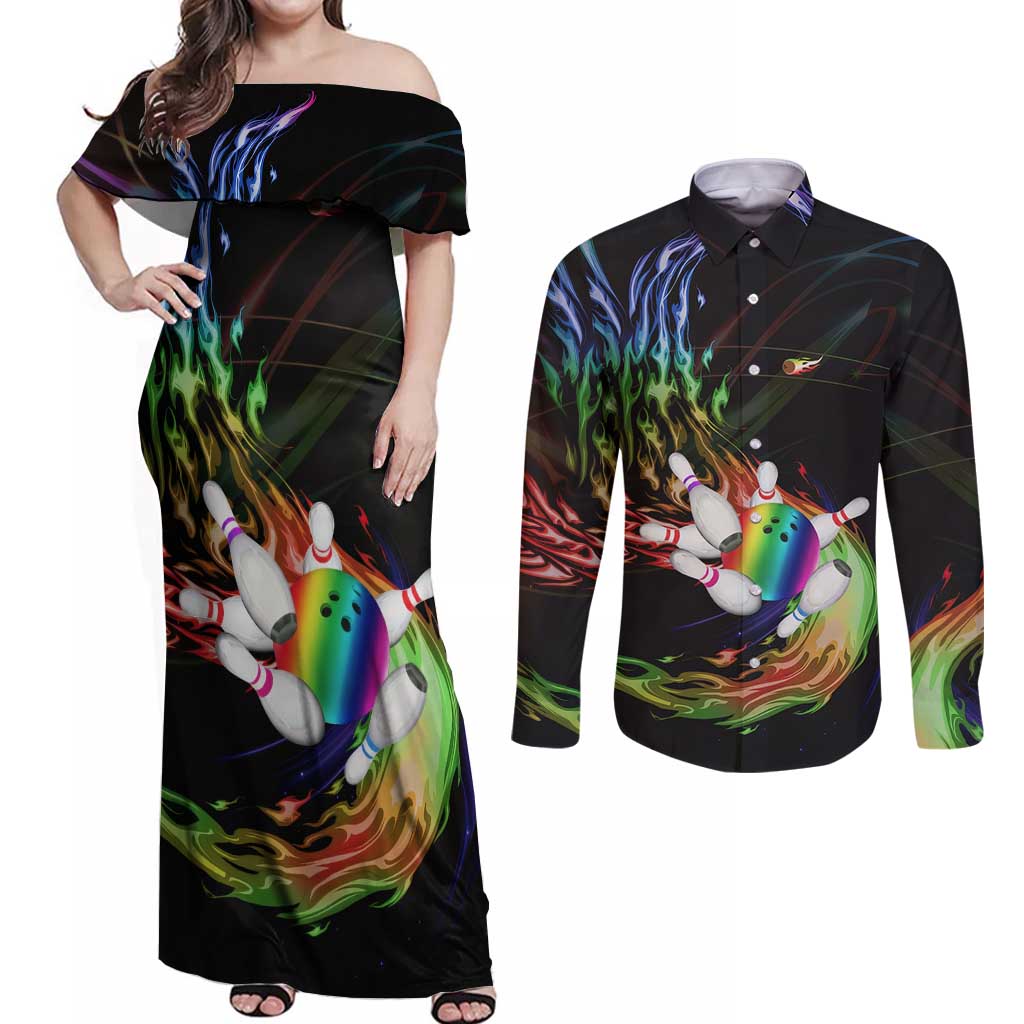 Custom Bowling Quarter Rainbow fFame Bowling Ball Couples Matching Off Shoulder Maxi Dress and Long Sleeve Button Shirt with Colorful Flaming Strike Design Rainbow Ball - Wonder Print Shop