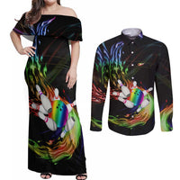 Custom Bowling Quarter Rainbow fFame Bowling Ball Couples Matching Off Shoulder Maxi Dress and Long Sleeve Button Shirt with Colorful Flaming Strike Design Rainbow Ball - Wonder Print Shop