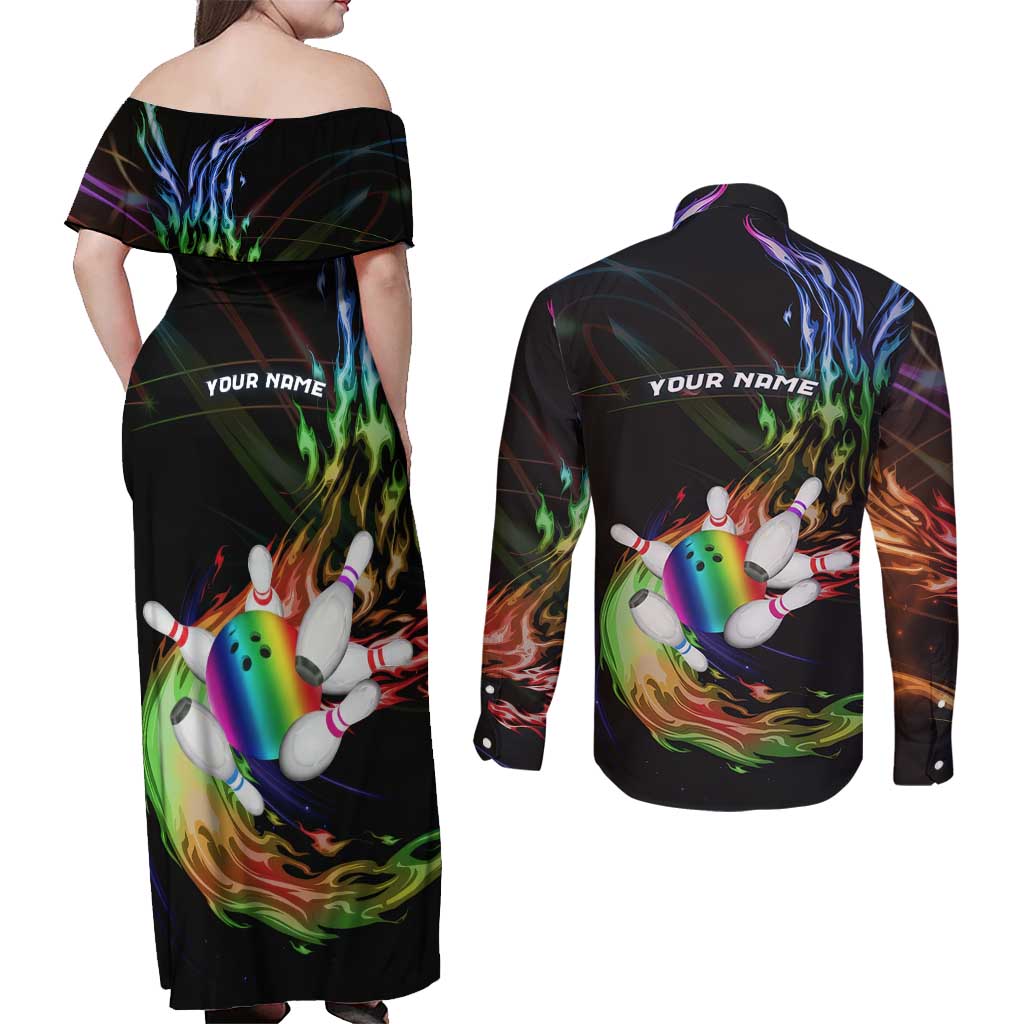 Custom Bowling Quarter Rainbow fFame Bowling Ball Couples Matching Off Shoulder Maxi Dress and Long Sleeve Button Shirt with Colorful Flaming Strike Design Rainbow Ball - Wonder Print Shop