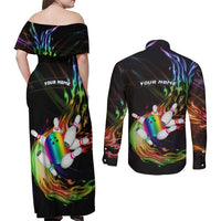 Custom Bowling Quarter Rainbow fFame Bowling Ball Couples Matching Off Shoulder Maxi Dress and Long Sleeve Button Shirt with Colorful Flaming Strike Design Rainbow Ball - Wonder Print Shop