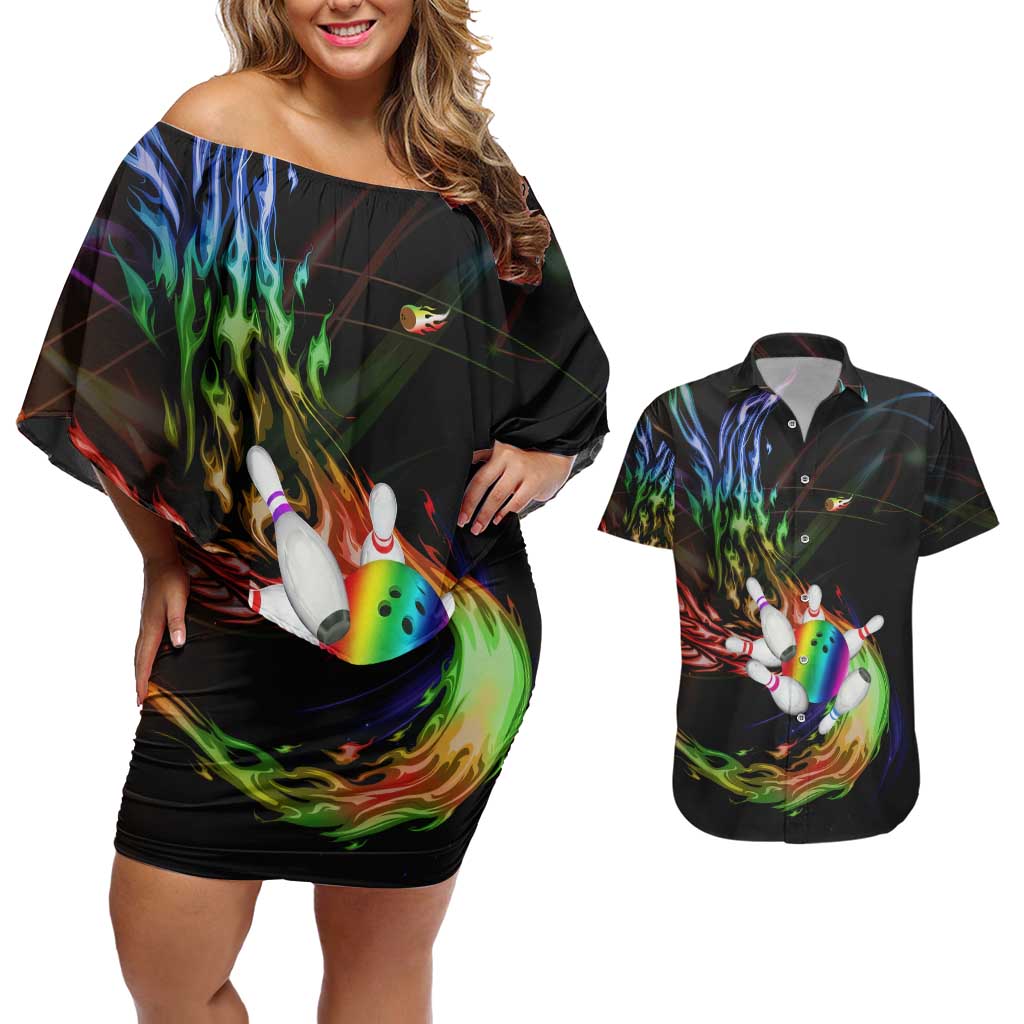 Custom Bowling Quarter Rainbow fFame Bowling Ball Couples Matching Off Shoulder Short Dress and Hawaiian Shirt with Colorful Flaming Strike Design Rainbow Ball - Wonder Print Shop