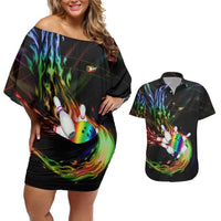 Custom Bowling Quarter Rainbow fFame Bowling Ball Couples Matching Off Shoulder Short Dress and Hawaiian Shirt with Colorful Flaming Strike Design Rainbow Ball - Wonder Print Shop
