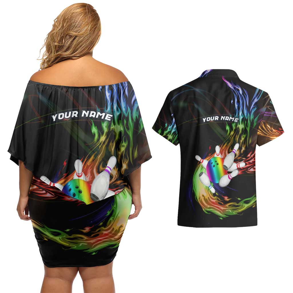 Custom Bowling Quarter Rainbow fFame Bowling Ball Couples Matching Off Shoulder Short Dress and Hawaiian Shirt with Colorful Flaming Strike Design Rainbow Ball - Wonder Print Shop