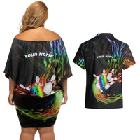 Custom Bowling Quarter Rainbow fFame Bowling Ball Couples Matching Off Shoulder Short Dress and Hawaiian Shirt with Colorful Flaming Strike Design Rainbow Ball - Wonder Print Shop