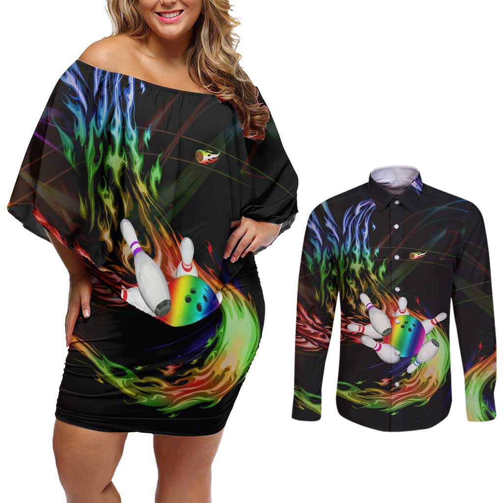 Custom Bowling Quarter Rainbow fFame Bowling Ball Couples Matching Off Shoulder Short Dress and Long Sleeve Button Shirt with Colorful Flaming Strike Design Rainbow Ball - Wonder Print Shop