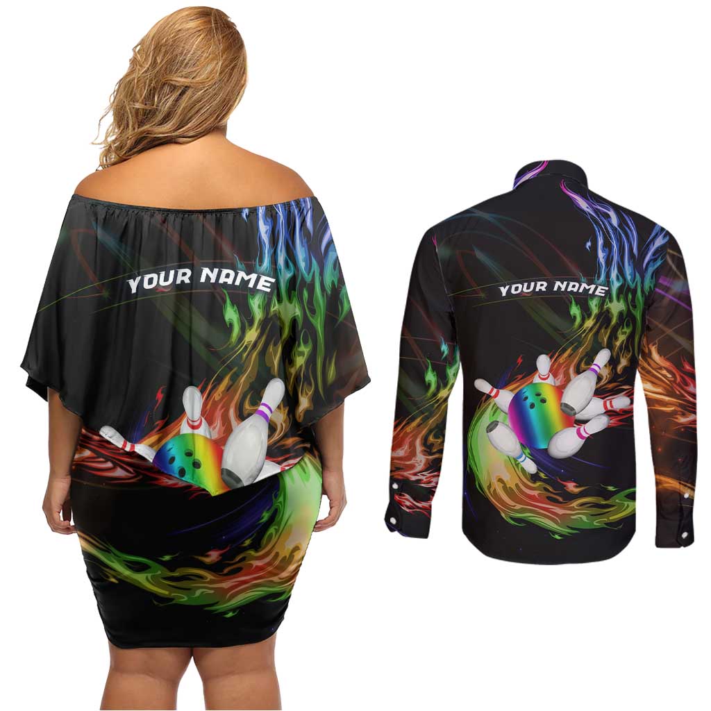 Custom Bowling Quarter Rainbow fFame Bowling Ball Couples Matching Off Shoulder Short Dress and Long Sleeve Button Shirt with Colorful Flaming Strike Design Rainbow Ball - Wonder Print Shop