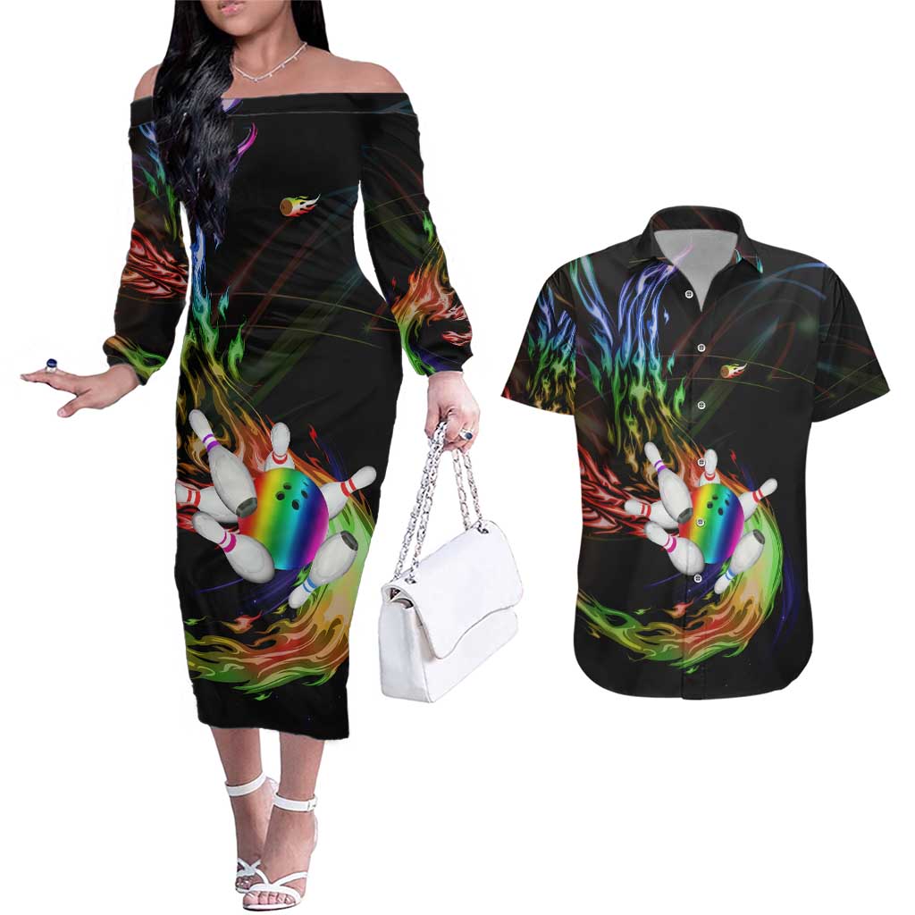 Custom Bowling Quarter Rainbow fFame Bowling Ball Couples Matching Off The Shoulder Long Sleeve Dress and Hawaiian Shirt with Colorful Flaming Strike Design Rainbow Ball - Wonder Print Shop
